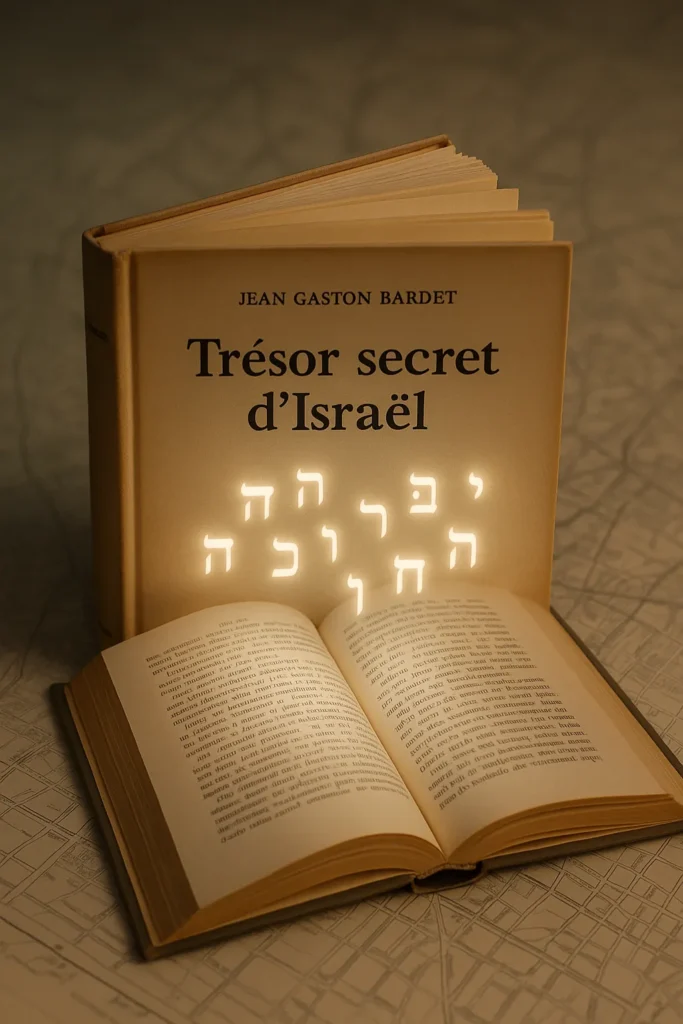 Trésor secret d’Israël” de Jean Gaston Bardet ouvert, lettres hébraïques lumineuses et fond de plan de ville, photo professionnelle à éclairage doux.