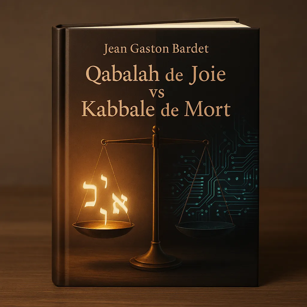 Livre “Qabalah de Joie vs Kabbale de Mort” de Jean Gaston Bardet avec balance lumière/ombre, lettres hébraïques lumineuses et circuits électroniques, photo professionnelle à éclairage doux.