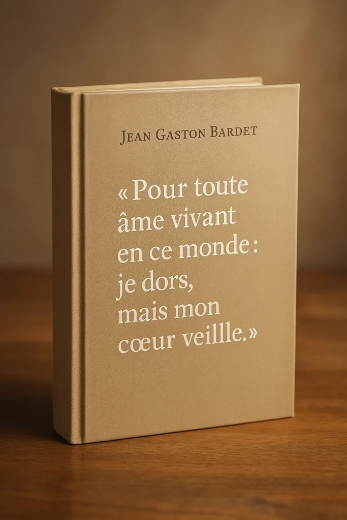 Couverture du livre de Jean Gaston Bardet avec la citation « Pour toute âme vivant en ce monde : je dors, mais mon cœur veille », photo professionnelle à éclairage doux.