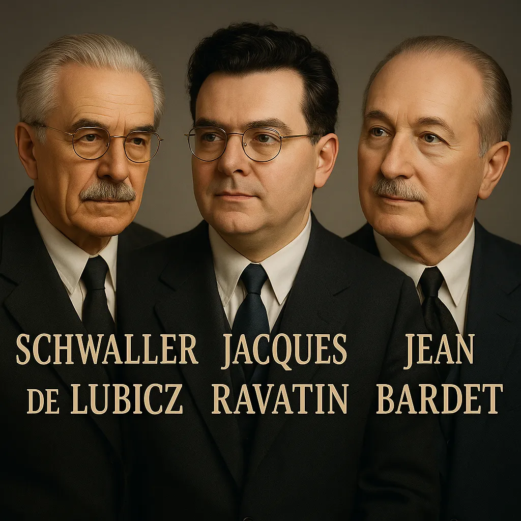 Portrait collectif de Schwaller de Lubicz, Jacques Ravatin et Jean Gaston Bardet, figures majeures de l’ésotérisme, de la physique des formes et de l’architecture sacrée.