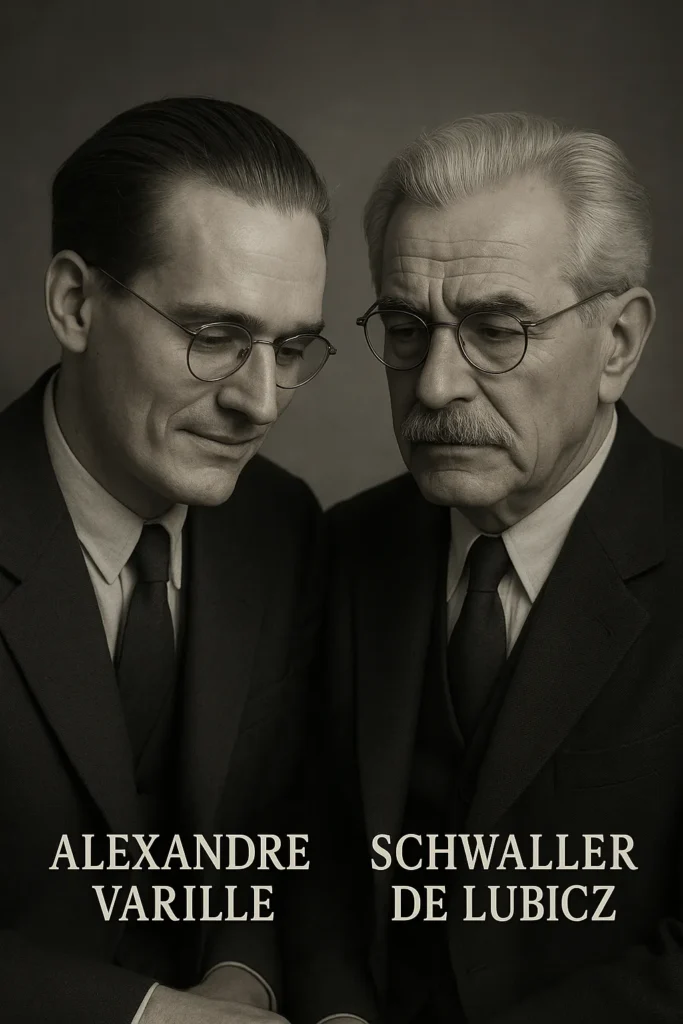 Portrait professionnel d’Alexandre Varille et de Schwaller de Lubicz côte à côte, en noir et blanc, deux chercheurs majeurs de l’égyptologie symbolique.