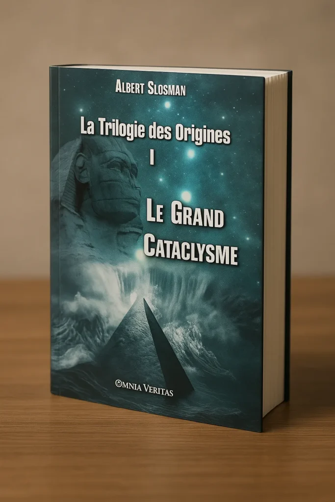 « Livre Le Grand Cataclysme d’Albert Slosman – photographie professionnelle du tome I de la Trilogie des Origines, posé sur une table, couverture avec Sphinx, ciel étoilé et pyramide. »
