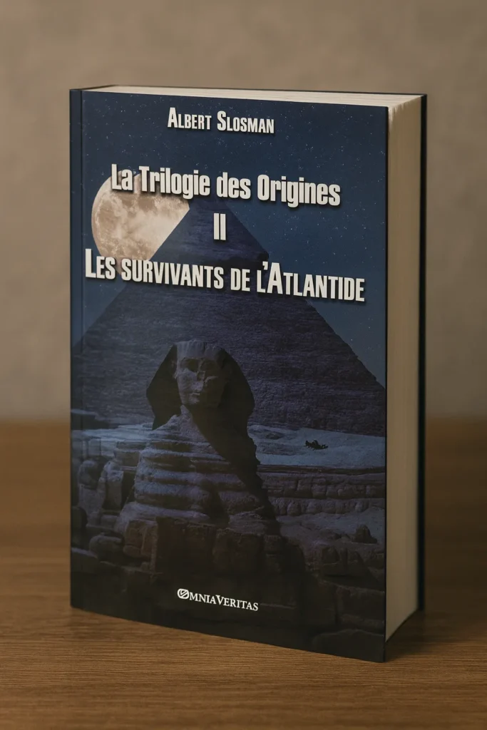 « Livre Les Survivants de l’Atlantide d’Albert Slosman – photographie professionnelle du tome II de la Trilogie des Origines, avec couverture montrant pyramide, sphinx et pleine lune. »