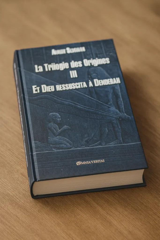 « Livre Et Dieu ressuscita à Dendérah d’Albert Slosman – photographie professionnelle du tome III de la Trilogie des Origines, avec couverture bleue représentant des scènes égyptiennes gravées. »