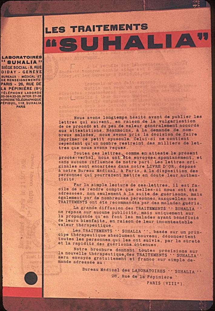 Page d’introduction des traitements Suhalia, brochure des laboratoires de Schwaller de Lubicz à Genève et Paris dans les années 1920.