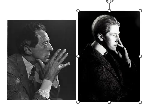 Portraits en noir et blanc de Jean Marais et Schwaller de Lubicz pensifs, photographiés de profil, dans un style artistique évocateur du XXᵉ siècle.