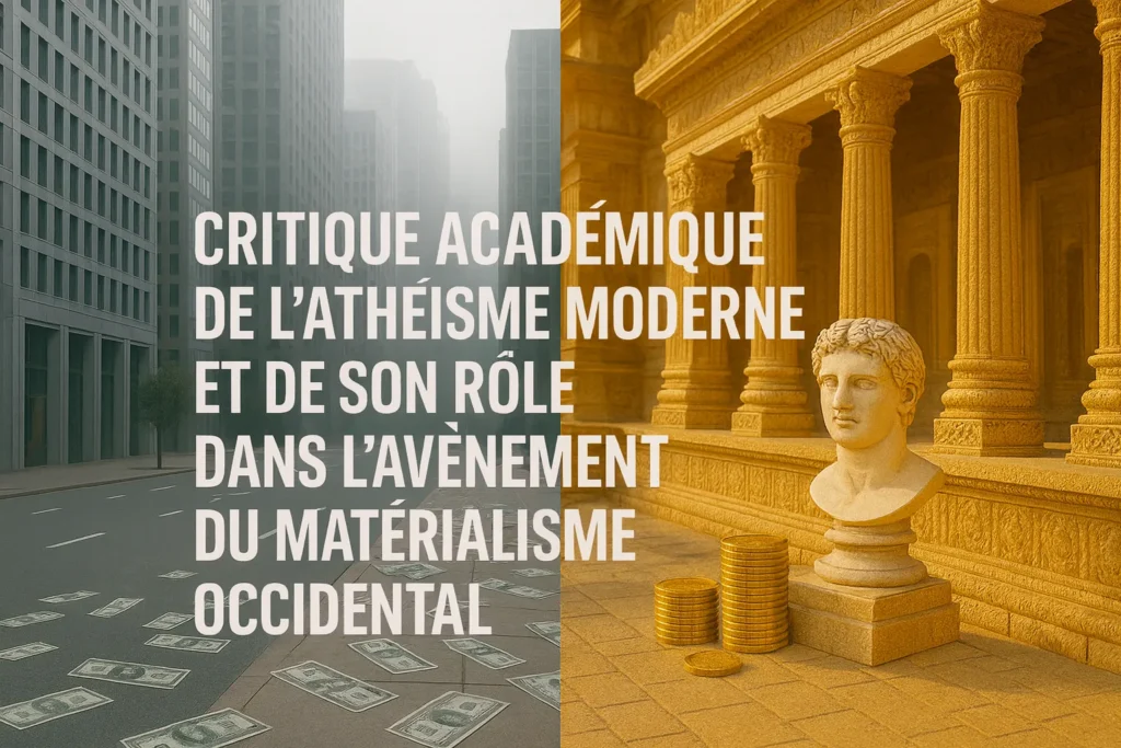 Image symbolique opposant une ville moderne matérialiste avec des billets de dollars au sol et un temple antique baigné d’or représentant le monde sacré.