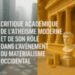 Image symbolique opposant une ville moderne matérialiste avec des billets de dollars au sol et un temple antique baigné d’or représentant le monde sacré.