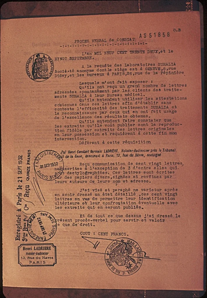 Page d’introduction des traitements Suhalia, brochure des laboratoires de Schwaller de Lubicz à Genève et Paris dans les années 1920.