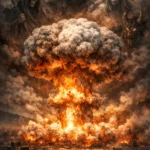 Explosion de la bombe atomique à Hiroshima en 1945, représentée de manière symbolique avec un champignon nucléaire et des entités maléfiques surgissant des nuages de fumée.